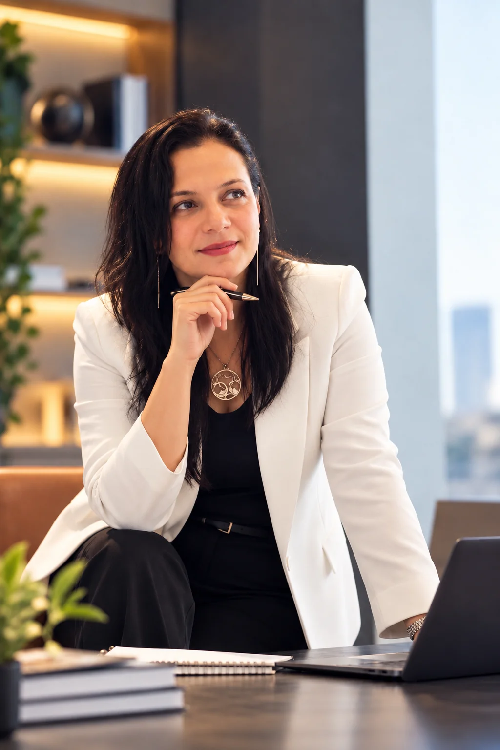 Walaa Elagami in a white blazer, thinking at her desk