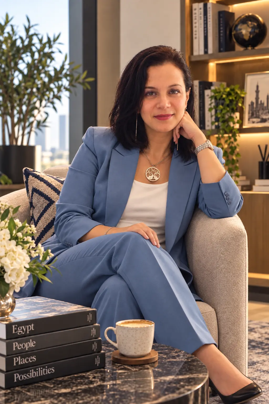 Walaa Elagami seated in a blue outfit