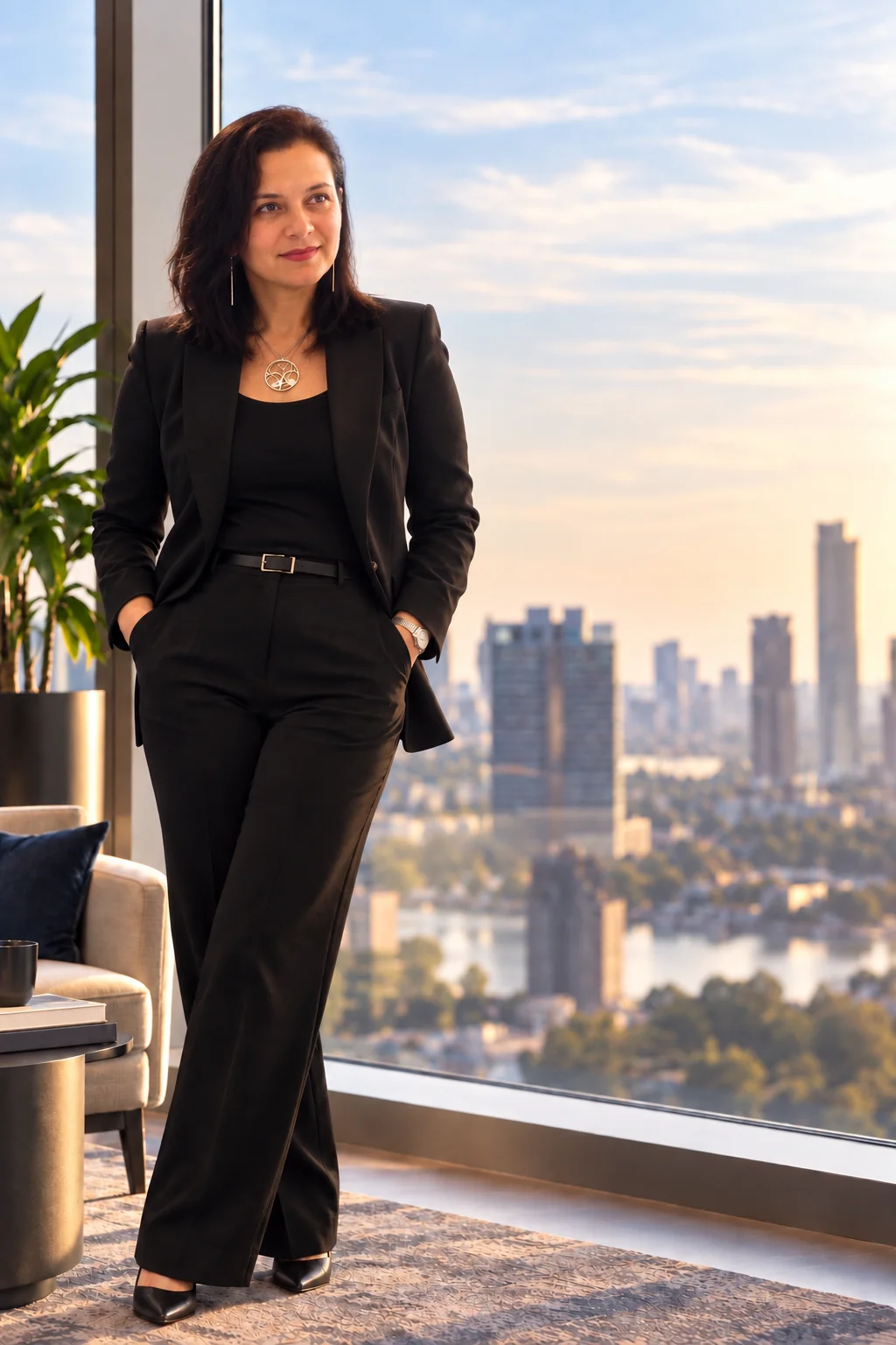 Walaa Elagami in a black suit standing by a window overlooking the city at sunset